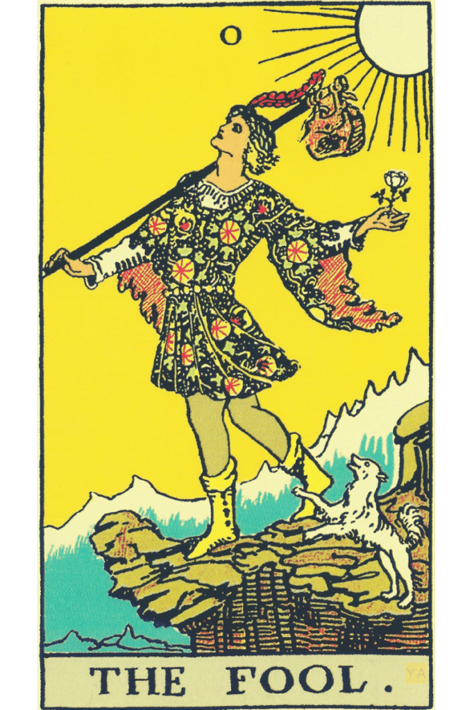 The Fool tarot card from the Rider–Waite–Smith deck, showing a figure stepping off a cliff with a small dog.