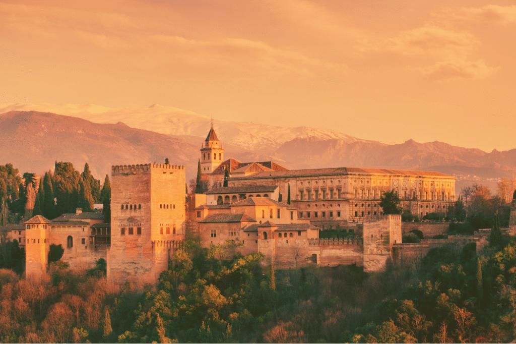 the alhambra with snowy sierra nevada in background