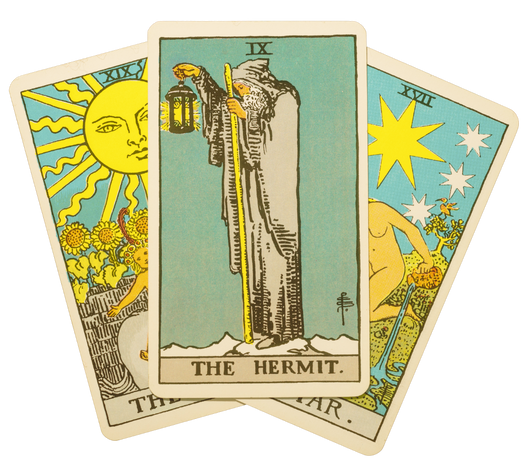 A three-card tarot spread with The Hermit in the centre and two partially obscured cards on either side.